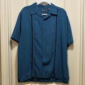 Centro Men's Button Up Camp Shirt Bowling Short Sleeve Shirt BLUE Size LARGE
